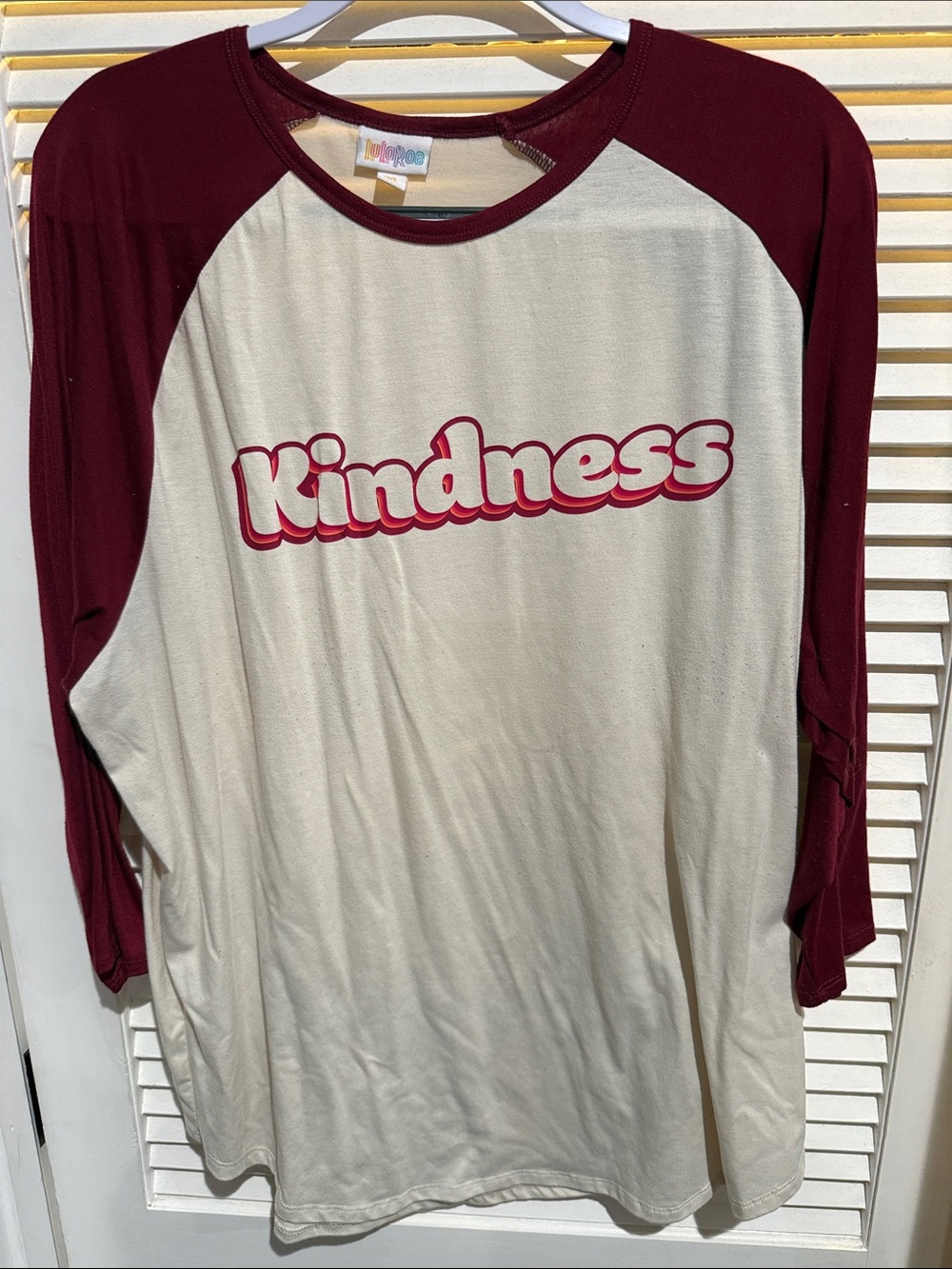 LuLaRoe Kids Raglan Tee Cream & Maroon 'Kindness'